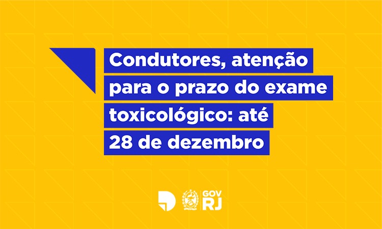 Toxicológico para C D e E termina este mês. O Detran RJ informa que os motoristas habilitados nas categorias C, D e E têm até 28 de dezembro de 2023 para fazer o exame toxicológico, mesmo que não estejam exercendo atividade remunerada.